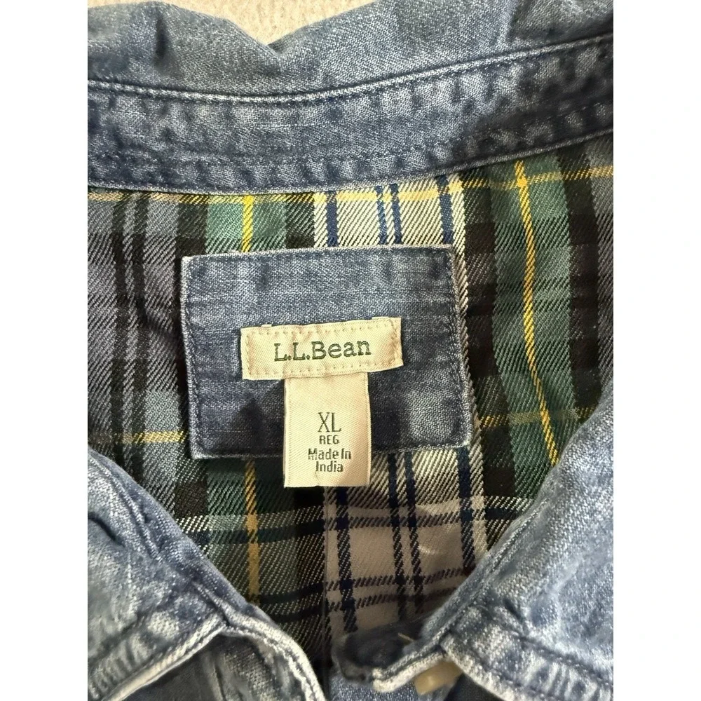 LL Bean Womens XL Heritage Washed Button Up Denim Shirt Plaid Lined Shacket NWT - Picture 3 of 6